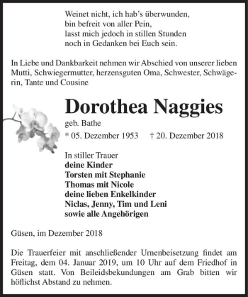 Traueranzeige von Dorothea Naggies (geb. Bathe)  von Magdeburger Volksstimme