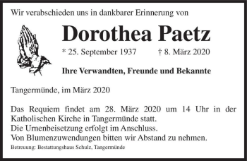 Traueranzeige von Dorothea Paetz  von Magdeburger Volksstimme