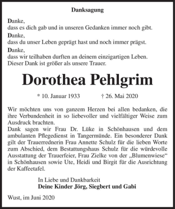 Traueranzeige von Dorothea Pehlgrim  von Magdeburger Volksstimme