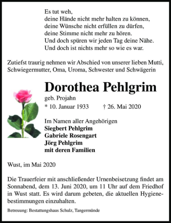 Traueranzeige von Dorothea Pehlgrim (geb. Projahn)  von Magdeburger Volksstimme