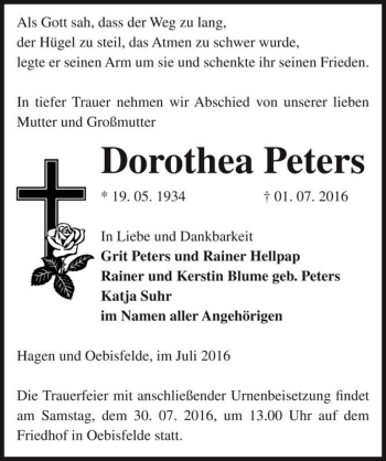 Traueranzeige von Dorothea Peters  von Magdeburger Volksstimme