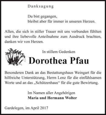 Traueranzeige von Dorothea Pfau  von Magdeburger Volksstimme