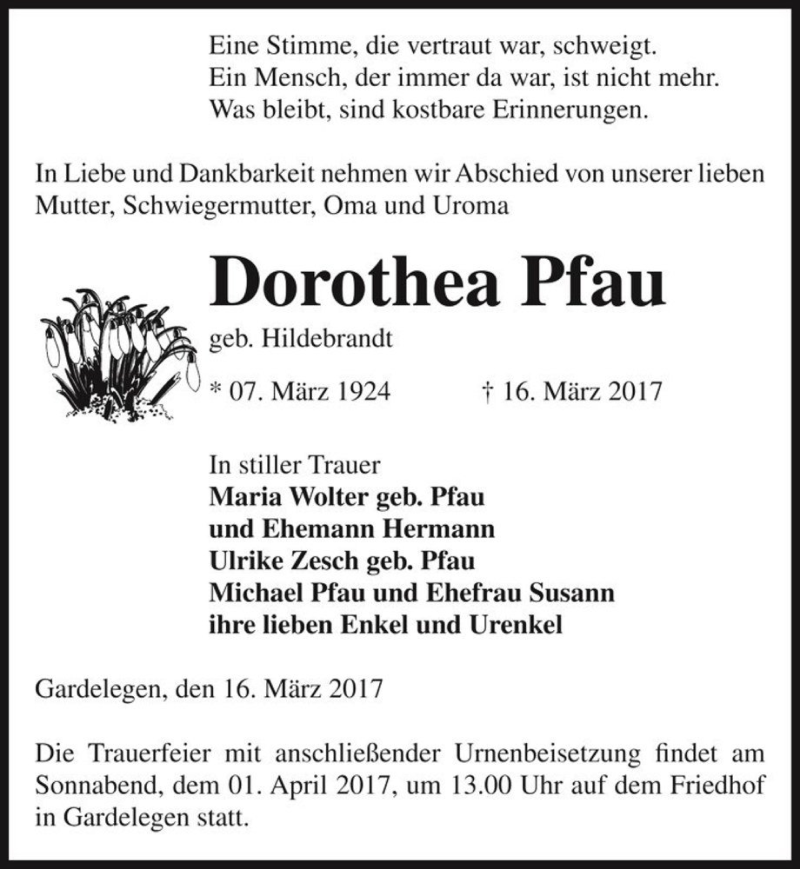  Traueranzeige für Dorothea Pfau (geb. Hildebrandt)  vom 17.03.2017 aus Magdeburger Volksstimme