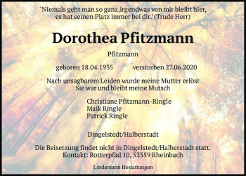 Traueranzeige von Dorothea Pfitzmann  von Magdeburger Volksstimme