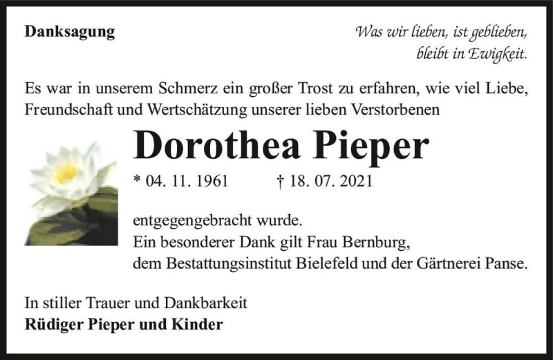  Traueranzeige für Dorothea Pieper  vom 14.08.2021 aus Magdeburger Volksstimme