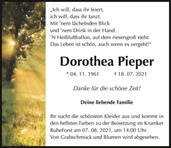 Traueranzeige von Dorothea Pieper  von Magdeburger Volksstimme