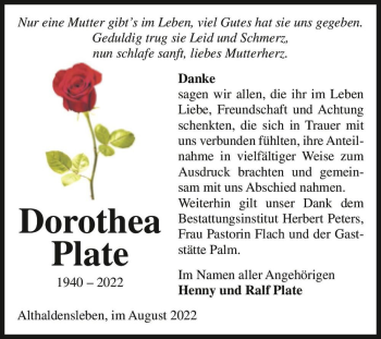 Traueranzeige von Dorothea Plate  von Magdeburger Volksstimme