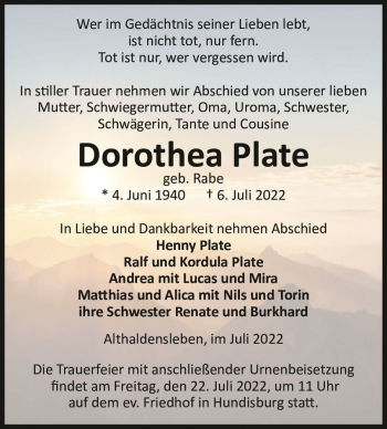 Traueranzeige von Dorothea Plate (geb. Rabe)  von Magdeburger Volksstimme