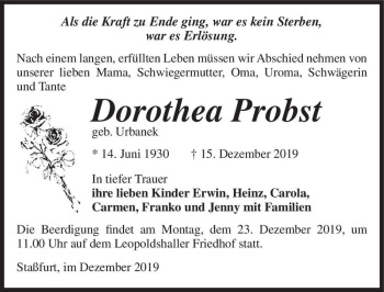 Traueranzeige von Dorothea Probst (geb. Urbanck)  von Magdeburger Volksstimme