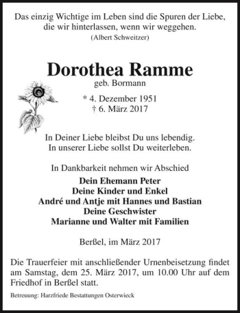 Traueranzeige von Dorothea Ramme (geb. Bormann)  von Magdeburger Volksstimme