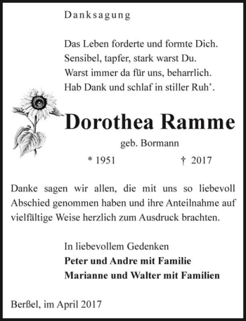Traueranzeige von Dorothea Ramme (geb. Bormann)  von Magdeburger Volksstimme