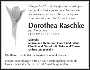 Traueranzeige von Dorothea Raschke (geb. Desenberg)  von Magdeburger Volksstimme