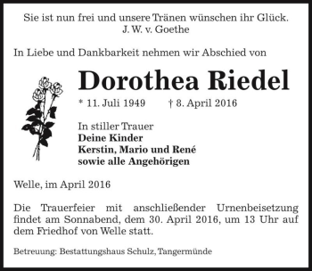 Traueranzeige von Dorothea Riedel  von Magdeburger Volksstimme