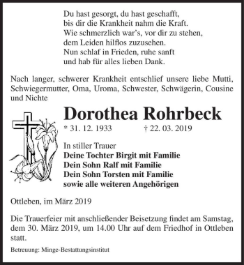 Traueranzeige von Dorothea Rohrbeck  von Magdeburger Volksstimme