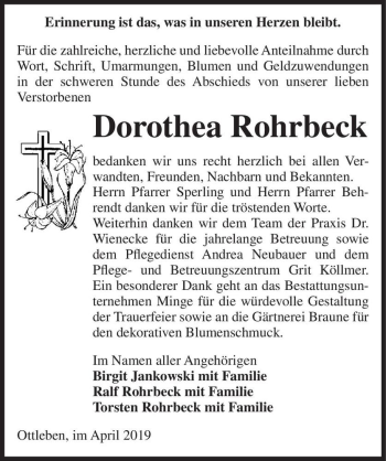 Traueranzeige von Dorothea Rohrbeck  von Magdeburger Volksstimme