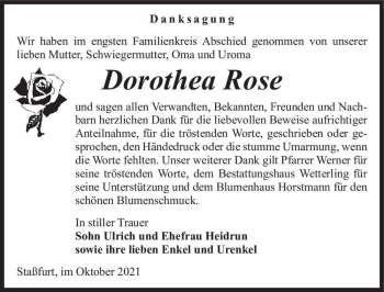 Traueranzeige von Dorothea Rose  von Magdeburger Volksstimme