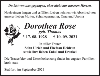 Traueranzeige von Dorothea Rose (geb. Thomas)  von Magdeburger Volksstimme