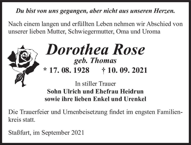  Traueranzeige für Dorothea Rose (geb. Thomas)  vom 18.09.2021 aus Magdeburger Volksstimme