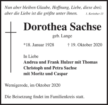 Traueranzeige von Dorothea Sachse (geb. Lange)  von Magdeburger Volksstimme