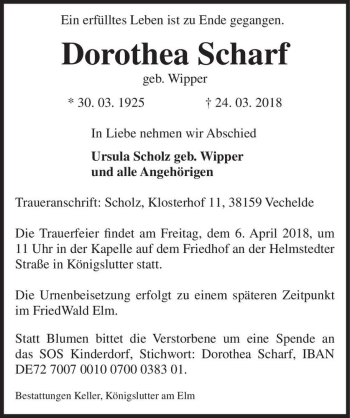 Traueranzeige von Dorothea Scharf (geb. Wipper)  von Magdeburger Volksstimme