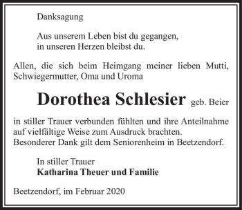 Traueranzeige von Dorothea Schlesier (geb. Beier)  von Magdeburger Volksstimme