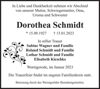 Traueranzeige von Dorothea Schmidt  von Magdeburger Volksstimme
