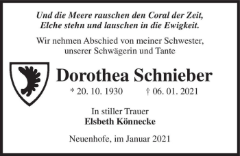 Traueranzeige von Dorothea Schnieber  von Magdeburger Volksstimme