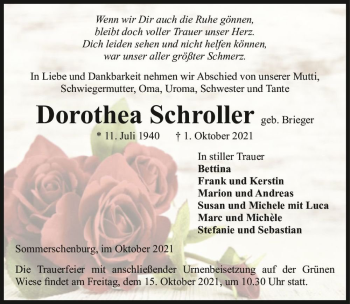 Traueranzeige von Dorothea Schroller (geb. Brieger)  von Magdeburger Volksstimme