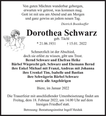 Traueranzeige von Dorothea Schwarz (geb. Tächl)  von Magdeburger Volksstimme