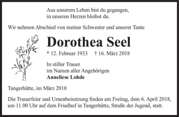 Traueranzeige von Dorothea Seel  von Magdeburger Volksstimme