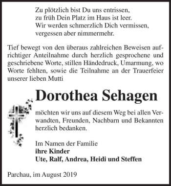 Traueranzeige von Dorothea Sehagen  von Magdeburger Volksstimme