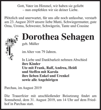 Traueranzeige von Dorothea Sehagen (geb. Müller)  von Magdeburger Volksstimme