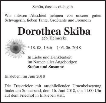 Traueranzeige von Dorothea Skiba (geb. Helmecke)  von Magdeburger Volksstimme