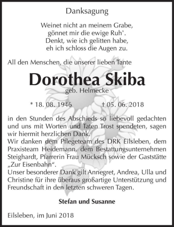 Traueranzeige von Dorothea Skiba (geb. Helmecke)  von Magdeburger Volksstimme