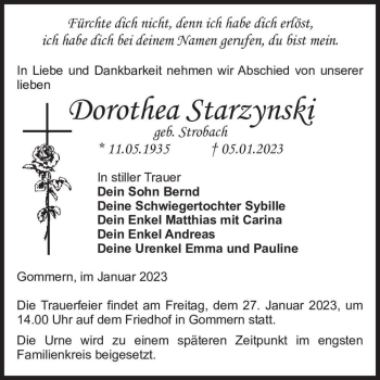 Traueranzeige von Dorothea Starzynski (geb. Strobach)  von Magdeburger Volksstimme