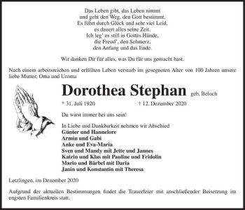 Traueranzeige von Dorothea Stephan (geb. Beloch)  von Magdeburger Volksstimme