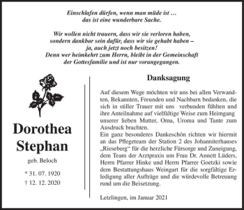 Traueranzeige von Dorothea Stephan (geb. Beloch)  von Magdeburger Volksstimme