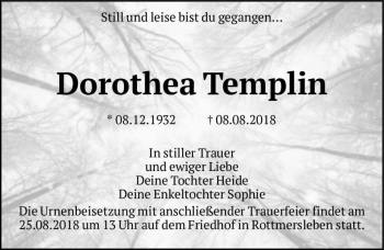 Traueranzeige von Dorothea Templin  von Magdeburger Volksstimme