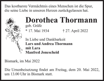 Traueranzeige von Dorothea Thormann (geb. Gräfe)  von Magdeburger Volksstimme