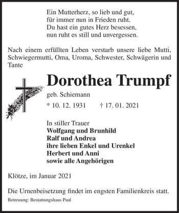 Traueranzeige von Dorothea Trumpf (geb. Schiemann)  von Magdeburger Volksstimme