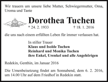 Traueranzeige von Dorothea Tuchen  von Magdeburger Volksstimme