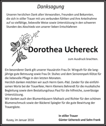 Traueranzeige von Dorothea Uchereck  von Magdeburger Volksstimme