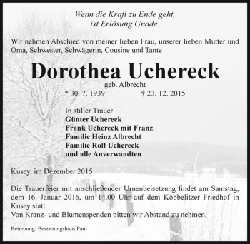 Traueranzeige von Dorothea Uchereck (geb. Albrecht)  von Magdeburger Volksstimme