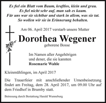 Traueranzeige von Dorothea Wegener (geb. Bosse)  von Magdeburger Volksstimme