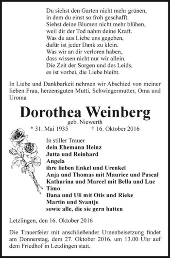 Traueranzeige von Dorothea Weinberg (geb. Niewerth)  von Magdeburger Volksstimme