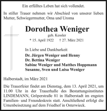 Traueranzeige von Dorothea Weniger (geb. Kessler)  von Magdeburger Volksstimme