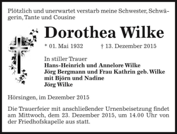 Traueranzeige von Dorothea Wilke  von Magdeburger Volksstimme