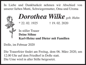 Traueranzeige von Dorothea Wilke (geb. Hahn)  von Magdeburger Volksstimme
