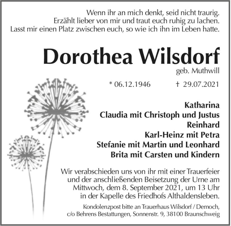  Traueranzeige für Dorothea Wilsdorf (geb. Muthwill)  vom 28.08.2021 aus Magdeburger Volksstimme