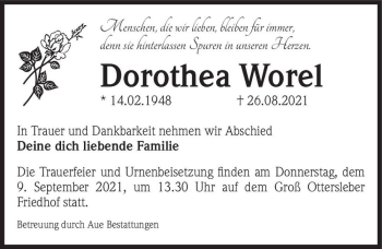 Traueranzeige von Dorothea Worel  von Magdeburger Volksstimme